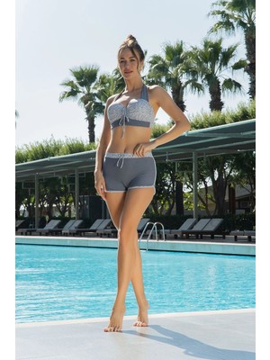 Ruko Şortlu Kaplı Bikini Takımı Desenli Gri
