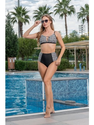 Ruko Dalmaçya Desenli Halkalı Büyük Beden Bikini Siyah Beyaz