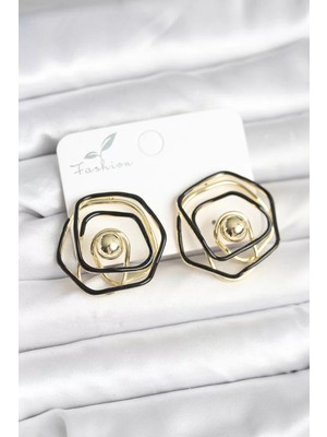 Uravas Store Pirinç Gold Renk Siyah Mineli Geometrik Gül Model Kadın Küpe - TJ-BKP11376