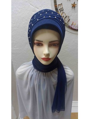 Ergül Hazır Duvak Simsiz Açık Lacivert Işıltılı Model Hazir Turban,hazır Duvak,hazır Şal,abiye Şal, Düğün,sünnet,mezuniyet