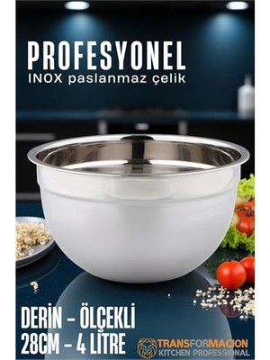 Uravas Store Hsnet Inox Ölçekli Derin Kase  - 28 cm 4 Litre Karıştırma Kabı Profesyonel 304 Paslanmaz Çelik