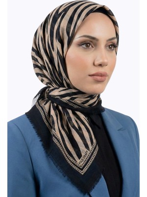 Hadiora Kadın Siyah Taba Zebra Desenli Pamuklu Flamlı Eşarp