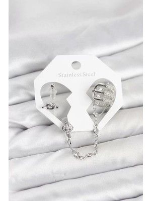 Uravas Store Pirinç Gümüş Renk Sarmal Model Zincir Bağlantılı Ear Cuff Küpe Seti - TJ-BKP11537