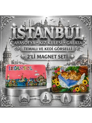 Istanbul Ayasofya Kız Kulesi Galata Temalı ve Kedi Görselli 2’li Magnet Seti