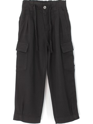 DobaKids Yumuşak Gabardin Kumaş Bağcık Detaylı Wide Leg Kargo Pantolon Siyah
