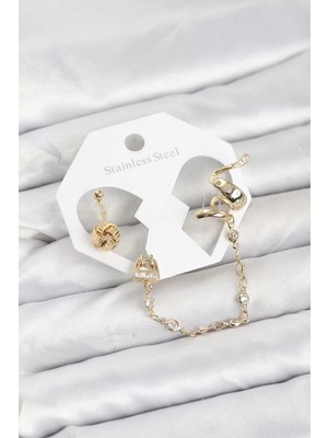 Uravas Store Pirinç Gold Renk Yılan Model Zincir Bağlantılı Ear Cuff Küpe Seti - TJ-BKP11532