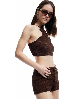 Koton Beli Bağcıklı Slim Mit Mini Triko Şort