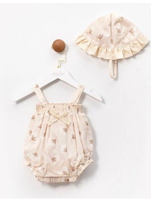 Butik Kız Bebek %100 Pamuklu Şapka Aksesuarlı 2'li Salopet Tulum