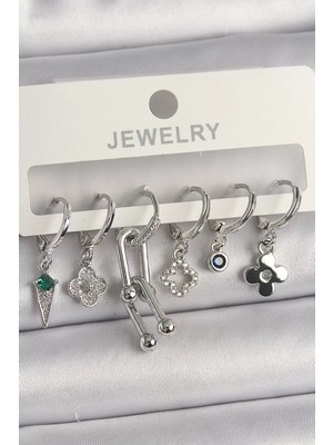 Uravas Store Pirinç Gümüş Renk Zirkon Taşlı Çoklu Figür Kadın Küpe Seti - TJ-BKP10095