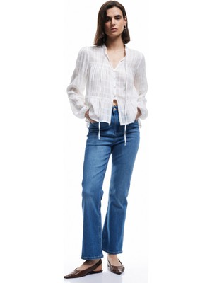 Koton Yüksek Bel Dar Kalıp Düğmeli Cepli Ispanyol Paça Crop Jean Pantolon - Flare Jeans