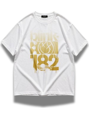 Fuddy Moda Unisex Oversize BLINK-182 Gold Baskılı Rock Band Temalı Bisiklet Yaka Tişört