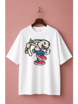 Fuddy Moda Unisex Oversize BLINK-182 Bunny Baskılı Rock Band Temalı Bisiklet Yaka Tişört