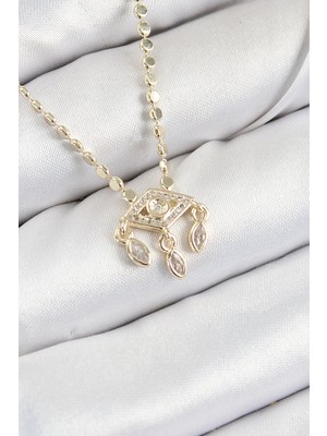 Uravas Store Pirinç Zirkon Taşlı Sallantılı Göz Model Ezme Zincir Gold Renk Kadın Kolye