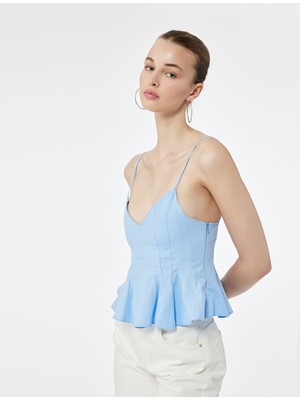 Koton Volanlı V Yaka Pamuklu Askılı Slim Fit Dikiş Detaylı Crop Bluz