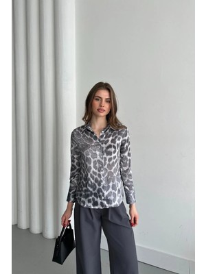 Hiccup Kadınlar My Fashıon Leopar Desenli Düğmeli Gömlek Gri