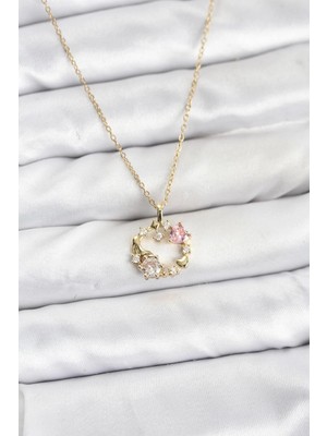 Mey Ithalat® 316L Çelik Zincir Gold Renk Pembe Taş Detaylı Çelenk Model Kadın Kolye