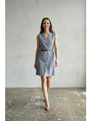 Hiccup Kadınlar MY FASHION Kuşaklı V Yaka Kolsuz Mini Düz Kesim Elbise Gök Mavisi