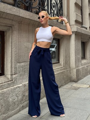 Mamayaga Kadın Yüksek Bel Kuşaklı %100 Viscose Pamuk Geniş Paça Şık Casual Büyük Beden Curve Pantolon