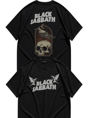 Fuddy Moda Unisex Black Sabbath Raven Sırt Baskılı Tişört, Oversize Rock Band Temalı Bisiklet Yaka T-Shirt