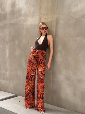 Mamayaga Kadın Yüksek Bel Kuşaklı Desenli %100 Viscose Pamuk Geniş Paça Şık Casual Büyük Beden Curve Pantolon