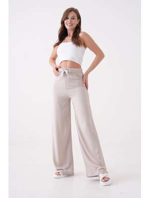 Mamayaga Kadın Yüksek Bel Kuşaklı %100 Viscose Pamuk Geniş Paça Şık Casual Büyük Beden Curve Pantolon