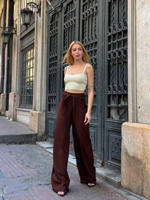 Mamayaga Kadın Yüksek Bel Kuşaklı %100 Viscose Pamuk Geniş Paça Şık Casual Büyük Beden Curve Pantolon