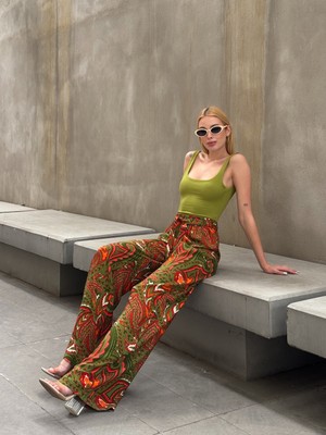 Mamayaga Kadın Yüksek Bel Kuşaklı Desenli %100 Viscose Pamuk Geniş Paça Şık Casual Büyük Beden Curve Pantolon