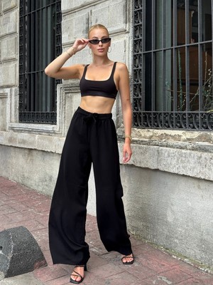 Mamayaga Kadın Yüksek Bel Kuşaklı %100 Viscose Pamuk Geniş Paça Şık Casual Büyük Beden Curve Pantolon