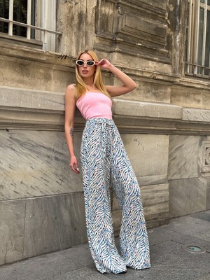 Mamayaga Kadın Yüksek Bel Kuşaklı Desenli %100 Viscose Pamuk Geniş Paça Şık Casual Büyük Beden Curve Pantolon