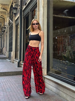 Mamayaga Kadın Yüksek Bel Kuşaklı Desenli %100 Viscose Pamuk Geniş Paça Şık Casual Büyük Beden Curve Pantolon