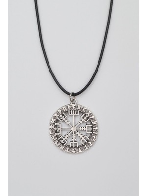 Alooya Viking Pusula Kolye (Vegvisir) - PU Deri İp Zincirli Unisex Gümüş Kaplama - 60 cm