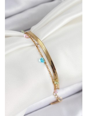 Luord - Store 316L Çelik Gold Renk Karışık Renkli Kristal Taşlı 2'li Kadın Bileklik - Lisinya