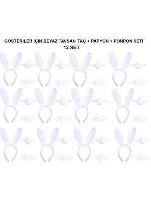 Ulu Pazarlama Beyaz Tavşan Kostüm Seti – Taç, Papyon, Kuyruk (12’li Paket)