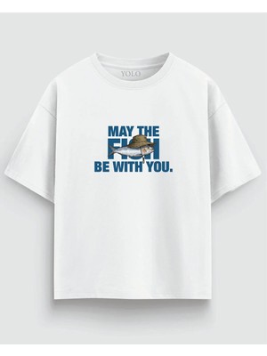 May The Fish Be With You Balıkçı Baskılı Oversize Beyaz Tişört %100 Pamuk