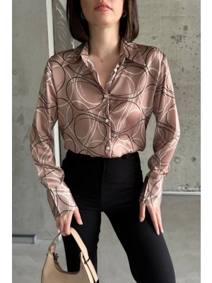 Hiccup Kadınlar My Fashıon Düğmeli Uzun Kollu Geometrik Desenli Gömlek Deve Kahvesi