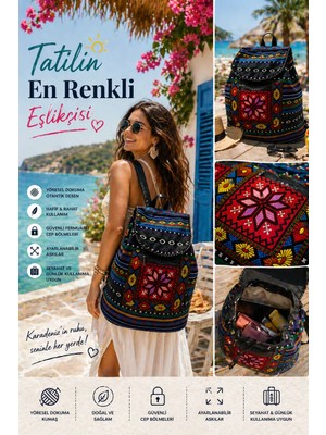Munico El Emeği Kilim Desenli Sırt Çanta Doğa Dostu Kumaş Güvenli Fermuarlı Bölmeler Geleneksel Kilim Motif