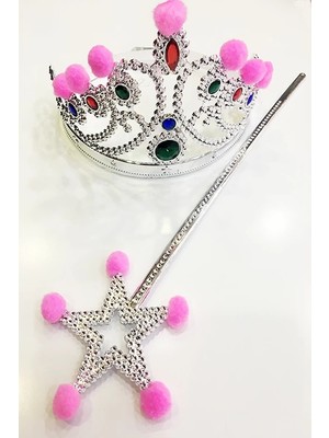 Ulu Pazarlama Pembe Ponponlu Gümüş Renk Prenses Tacı ve Gümüş Renk Prenses Asası