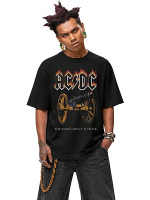 Fuddy Moda Unisex Ac-Dc For Those About To Rock Baskılı Bisiklet Yaka Tişört,oversize Rock Band Temalı T-Shirt