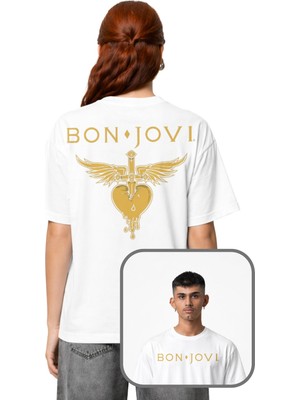 Fuddy Moda Unisex Bon Jovi Logo Sırt Baskılı Tişört, Oversize Rock Band Temalı Bisiklet Yaka T-Shirt