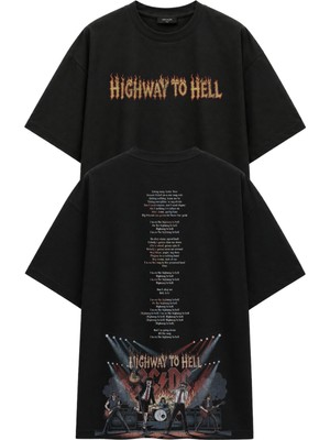 Fuddy Moda Unisex Ac-Dc Highway Ho Hell Lyrics Sırt Baskılı Tişört, Oversize Rock Band Temalı T-Shirt