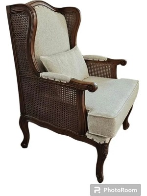 Hasağaç Grande Berjer Oymalı Koyu Ceviz Ahşap Rattan Detaylı Krem Kumaş Tekli Koltuk