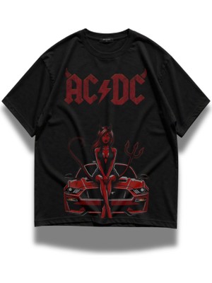 Fuddy Moda Unisex Oversize Ac-Dc Devil Woman Baskılı Rock Band Temalı Bisiklet Yaka Tişört