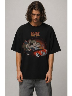 Fuddy Moda Unisex Oversize Ac-Dc 666 Hell Cartoon Style Baskılı Rock Band Temalı Bisiklet Yaka Tişört