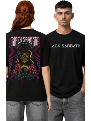 Fuddy Moda Unisex Black Sabbath Sırt Baskılı Tişört, Oversize Rock Band Temalı Bisiklet Yaka T-Shirt