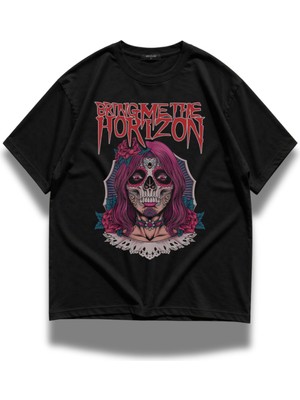 Fuddy Moda Unisex Oversize Bring Me The Horizon Skull Maiden Baskılı Rock Band Temalı Bisiklet Yaka Tişört