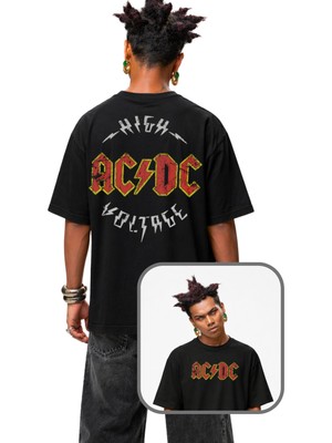 Fuddy Moda Unisex Ac-Dc High Voltage Sırt Baskılı Tişört, Oversize Rock Band Temalı Bisiklet Yaka T-Shirt