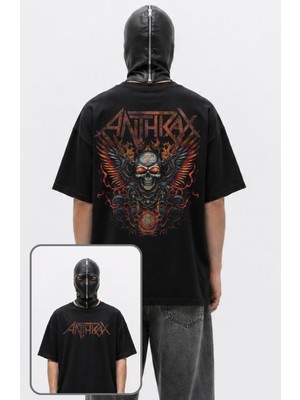 Fuddy Moda Unisex Anthrax Sırt Baskılı Bisiklet Yaka Tişört, Oversize Rock Band Temalı T-Shirt