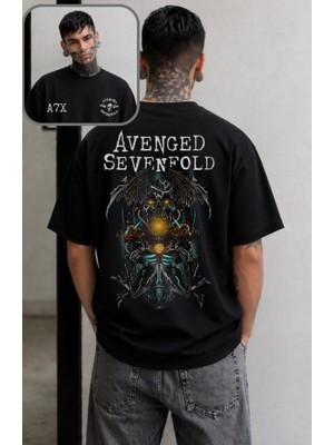 Fuddy Moda Unisex A7X Avenged Sevenfold Sırt Baskılı Tişört, Oversize Rock Band Temalı Bisiklet Yaka T-Shirt