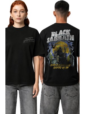 Fuddy Moda Unisex Black Sabbath Born In A Graveyard Sırt Baskılı Tişört, Oversize Rock Band Temalı T-Shirt
