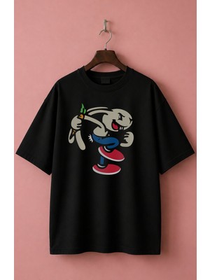 Fuddy Moda Unisex Oversize BLINK-182 Bunny Baskılı Rock Band Temalı Bisiklet Yaka Tişört